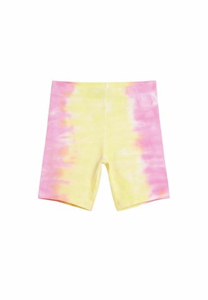 Kratké šortky s tie-dye vzorem, se žlutým středem a růžovými skvrnami po stranách, vyrobené z elastického materiálu.