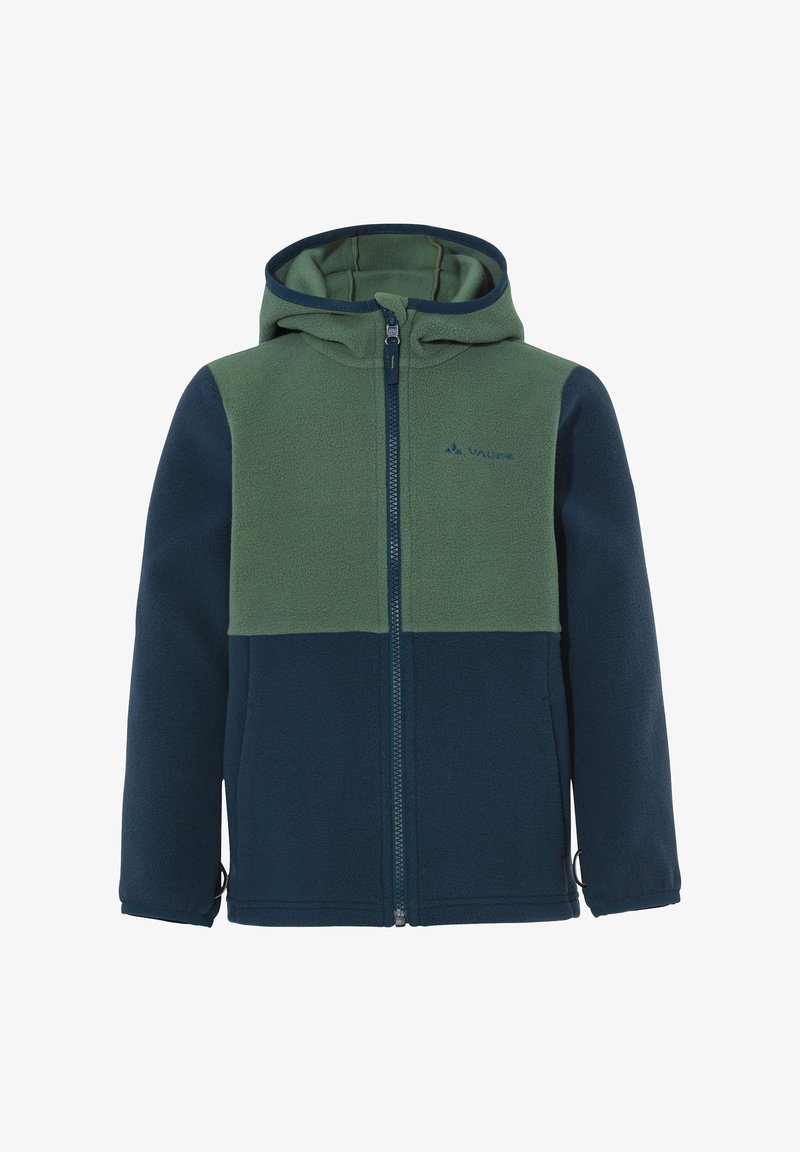 Jacket de fleece verde e azul escuro com fecho éclair na frente e capuz. Apresenta um design em blocos de cor e punhos elásticos. Logótipo da marca no peito.