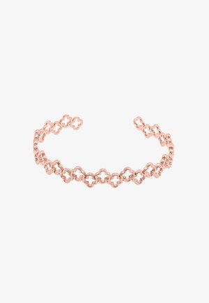 Roze gouden armband met een gestructureerd ontwerp van onderling verbonden bloemen vormen met uitsnijdingen en een gladde, gepolijste afwerking.