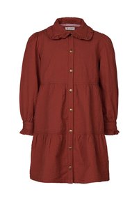 Rostfarbene, langärmlige Kleid mit einem Rüschenausschnitt, durchgehender Knopfleiste und gestuftem Saum. Verfügt über strukturierte Stoffe und goldfarbene Knöpfe.