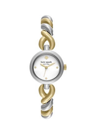 Silver and gold-tone twisted band watch with a round white dial, featuring gold hour markers and a small spade logo at 12 o'clock.