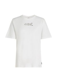 White cotton t-shirt with short sleeves, featuring a brown embroidered logo "O'Neill" centered on the chest. Classic crew neckline.