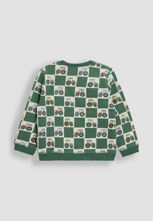 Green sweatshirt featuring a checked pattern with stylized tractors in blue, brown, and cream. Soft fabric, crew neck, and ribbed cuffs.