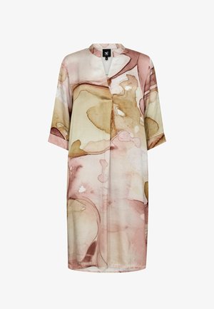 Pikk, kerge kleit šaallõikega kraega, millel on abstraktne akvarellmustrite disain roosa, beeži ja kreemja toonides.