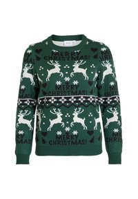 Pull tricoté vert avec des rennes blancs, le texte "JOYEUX NOËL !", des flocons de neige et des cœurs en motif répétitif. Col rond.