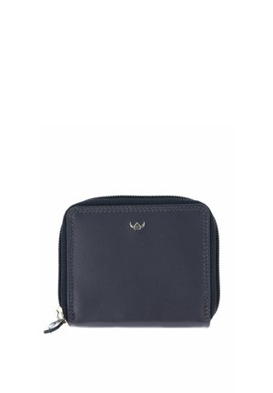 Portefeuille compact en cuir noir avec fermeture éclair et petit logo argenté centré sur le panneau avant sur fond blanc.