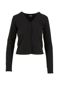 Svart långärmad cardigan med V-ringning, ribbad textur, knappstängning framtill och kort design. Enkelt, mångsidigt stil.