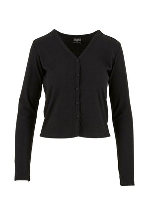 Cardigan noir à manches longues avec un col en V, texture côtelée, fermeture par boutons sur le devant et design court. Style simple et polyvalent.