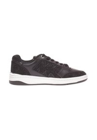 Sneaker in pelle nera con upper testurizzato e dettagli in strass, suola intermedia bianca e punta arrotondata. Lacci e occhielli metallici visibili.