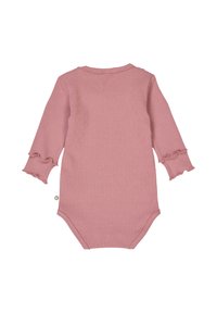 Dlouhý rukáv bodysuit v světle růžové ribované látce s volánkovými manžetami a kulatým výstřihem. Patentky na spodní části pro snadné oblékání.