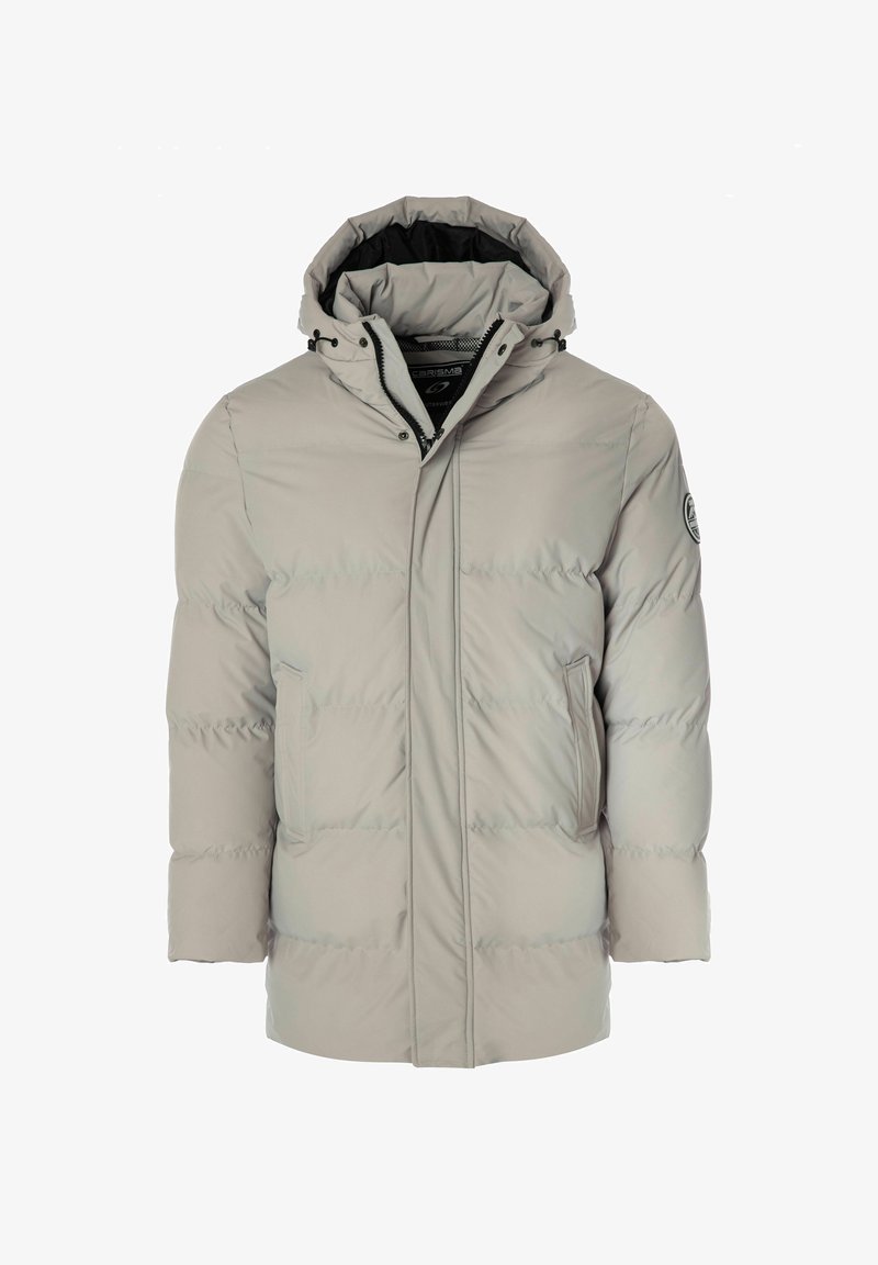 Giacca a vento leggera grigia con cappuccio, caratterizzata da una zip frontale, due tasche laterali e una patch con logo sulla manica sinistra. Texture liscia e trapuntata.