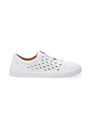 White perforated sneakers with a smooth surface, round toe, and contrasting brown inner lining. Features white rubber sole and silver eyelets.