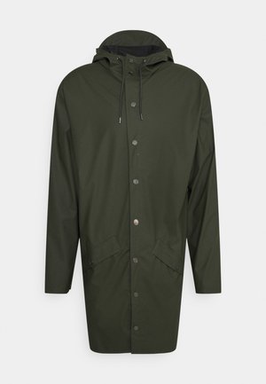 Khaki rain jacket with a hood, long sleeves, snap-button front, two front pockets, and adjustable drawstrings at the neck. Smooth fabric texture.