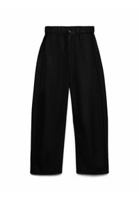 Pantalon noir à jambes larges avec taille élastique, fermeture par bouton et fermeture éclair, et poches latérales, présenté sur un fond blanc.
