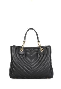 Borsa tote in pelle nera con un motivo a cuore trapuntato, dotata di hardware dorato, manici doppi e una forma strutturata.