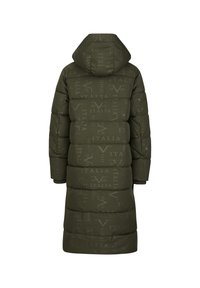 Olijfgroene pufferjas met capuchon, met een matte afwerking, gestikt ontwerp en reliëfpatroondetails overal.