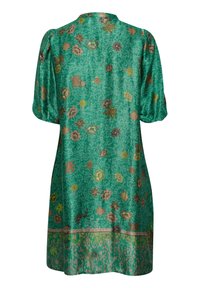 Vestito verde a maniche corte con stampe floreali marroni, gialle e beige e orlo decorato, mostrato da dietro.