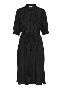 Robe noire à manches courtes bouffantes et boutonnage sur le devant, avec une ceinture à nouer à la taille, confectionnée dans un tissu lisse et légèrement brillant. Design midi.