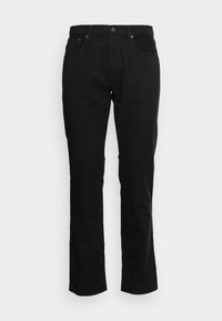 Jeans in denim nero con una vestibilit à dritta, caratterizzati da una chiusura a bottone classica, cinque tasche e una texture liscia.