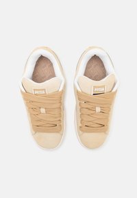 Beżowe zamszowe sneakersy z białymi akcentami, z grubymi beżowymi sznurówkami i teksturowaną wkładką. Kwadratowa metka z logo w okolicy języka.