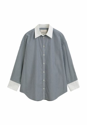 Gestreepte langemouwen shirt in marineblauw en witte katoen, met een klassieke witte kraag en manchetten, knopen aan de voorkant en een gebogen zoom.