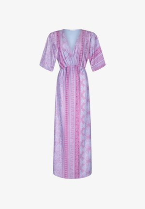Maxi dress with a deep V-neckline, short sleeves, and a tied waist. Features a purple and pink patterned design with vertical stripes.