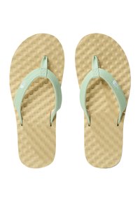 Mint green flip-flops with textured tan soles. The straps are rubber, featuring a ribbed design, and the sole has a raised, wavy pattern.