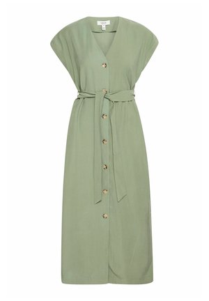 Grünes Hemdkleid mit V-Ausschnitt, weiten Ärmeln und tailliertem Bund. Hergestellt aus einem weichen, glatten Stoff mit einem fließenden Design und goldenen Knöpfen.