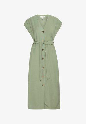 Zielona sukienka z guzikami, z dekoltem w serek, szerokimi rękawami i związanym w pasie. Wykonana z miękkiej, gładkiej tkaniny w zwiewnym fasonie i złotymi guzikami.