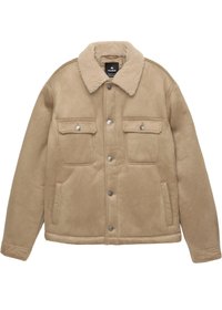 Jachetă bej căptușită cu blană faux shearling, cu guler, nasturi frontali și două buzunare pe piept. Textură moale și design structurat.