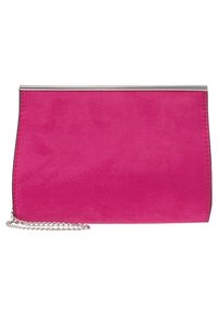 Růžové semišové psaníčko se stříbrným kovovým lemováním a řetízkovým popruhem. Hladká textura, obdélníkový tvar a minimalistický design.