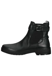 Stivaletto in pelle nera con pannello elastico laterale, dettaglio con fibbia, suola in gomma piatta e texture liscia. Adatto per un abbigliamento casual.