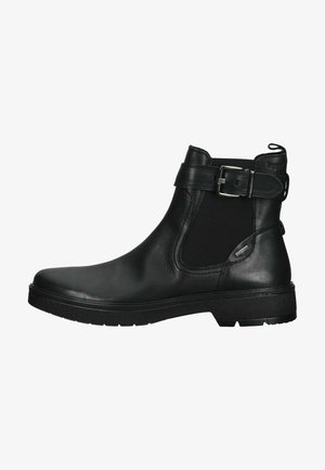 Bottines noires en cuir avec panneau latéral élastique, accent de boucle, semelle en caoutchouc plat et texture lisse. Convient pour un usage décontracté.