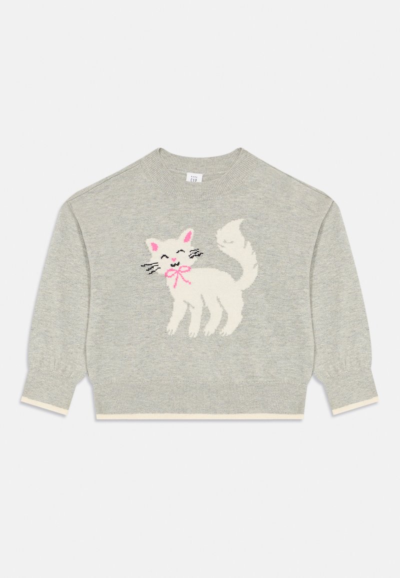 Sweater infantil de mangas longas cinza-claro com um design de gato branco sorridente a usar uma laço rosa na frente.
