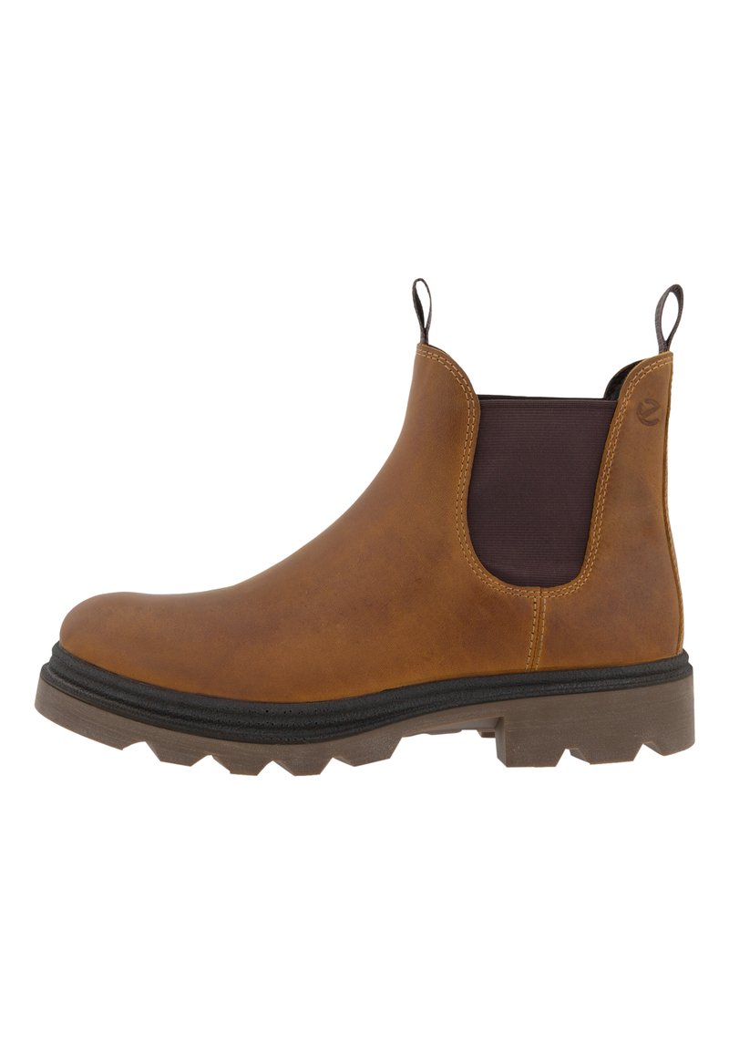 Bottes Chelsea en cuir marron avec panneaux élastiques sur les côtés, semelle en caoutchouc, languette de traction et semelle antidérapante pour une meilleure adhérence. Fini lisse et conception robuste.