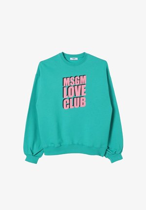 Felpa turchese in cotone con maniche lunghe, polsini a coste e una stampa grafica rosa con la scritta "MSGN LOVE CLUB" sul fronte.