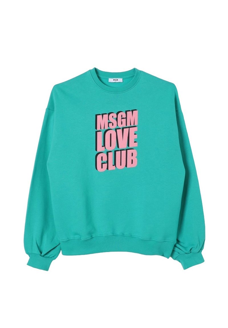 Felpa turchese in cotone con maniche lunghe, polsini a coste e una stampa grafica rosa con la scritta "MSGN LOVE CLUB" sul fronte.