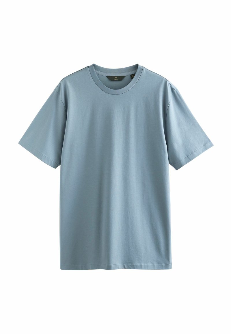 Lyseblå bomulds t-shirt med rund halsudskæring, korte ærmer og en glat tekstur. Enkel design uden mønstre eller detaljer.