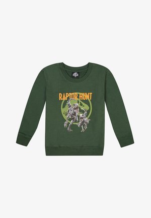 Groene sweatshirt met lange mouwen, met een dinosaurustekening en de tekst "RAPTOR HUNT" in het oranje. Katoenen materiaal met een geribbelde halslijn.