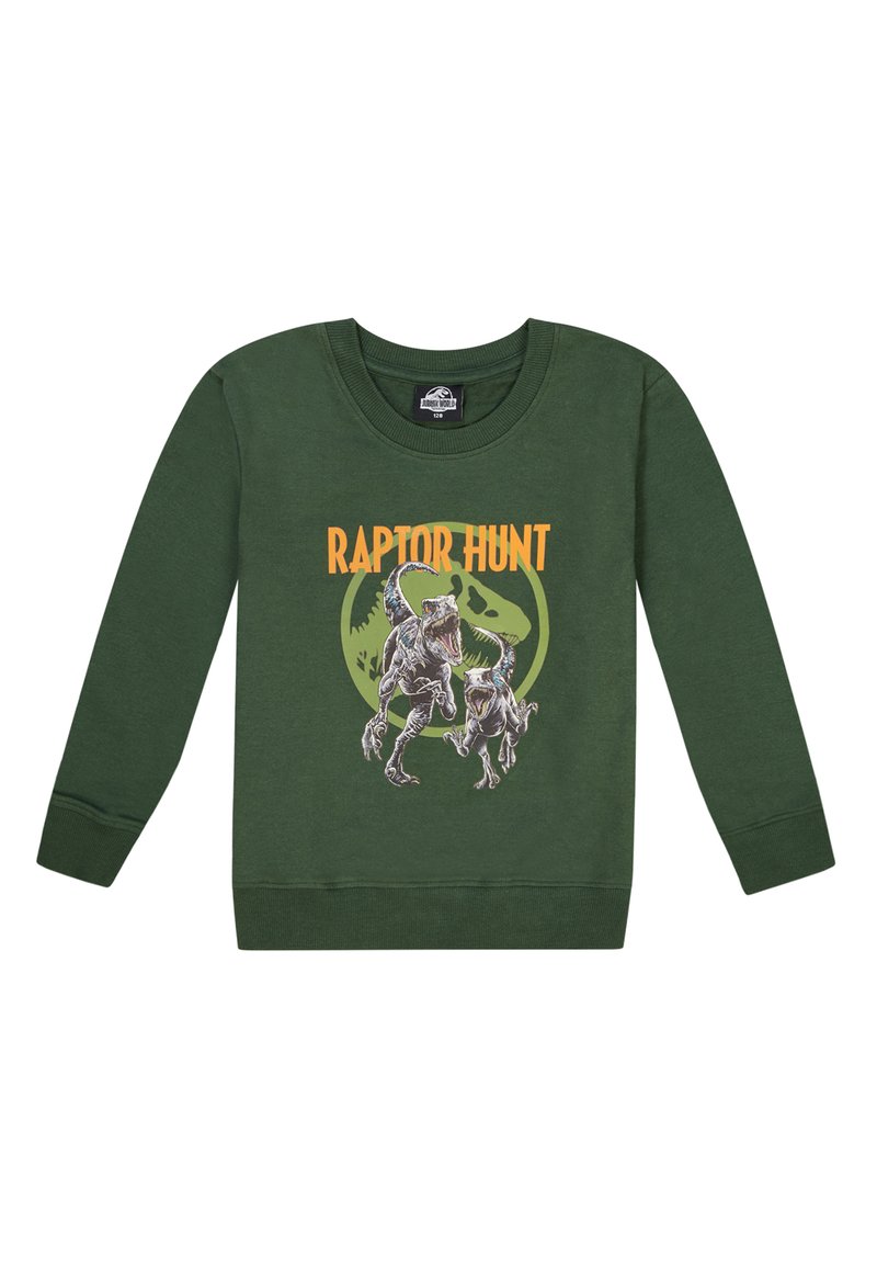 Felpa verde con maniche lunghe, caratterizzata da una grafica di un dinosauro e il testo "RAPTOR HUNT" in arancione. Materiale in cotone con colletto a costine.