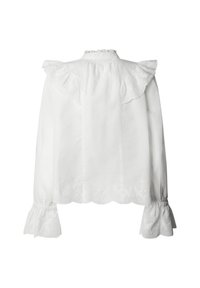 White long-sleeve blouse with high ruffled collar, shoulder ruffles, and scalloped embroidered edges on sleeves and hem.