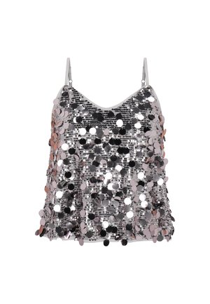 Camisole argentata con paillettes e spalline regolabili; presenta uno scollo a girocollo e un mix accattivante di paillettes rotonde lucide.