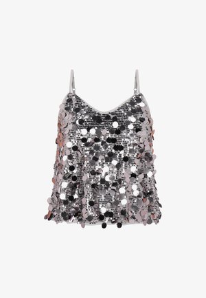 Hopeinen paljettitoppi säädettävillä olkaimilla; siinä on pyöreä pääntie ja silmiinpistävä sekoitus kiiltäviä, pyöreitä paljetteja.