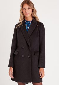 Black double-breasted coat with notched lapels, side pockets, and two large buttons, featuring a structured design and smooth texture.