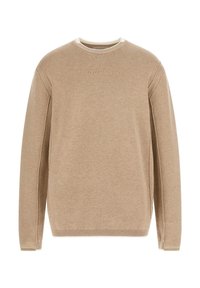 Maglione beige con maniche lunghe, collo rotondo e orlo a coste. Presenta il logo "GUESS" in rilievo sul davanti e un bordo del collo a contrasto.