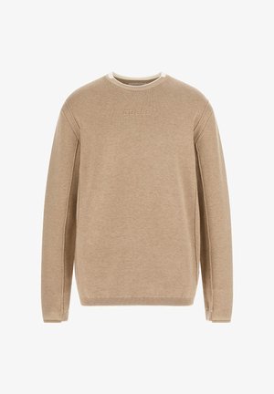 Beige Pullover mit langen Ärmeln, Rundhalsausschnitt und geripptem Saum. Mit geprägt "GUESS" Logo auf der Vorderseite und kontrastierendem Kragen.