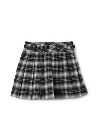 Gonna plissettata in plaid bianco e nero con una cintura in tessuto, caratterizzata da una vita aderente e materiale testurizzato. Dettaglio con asola circolare per la cintura incluso.