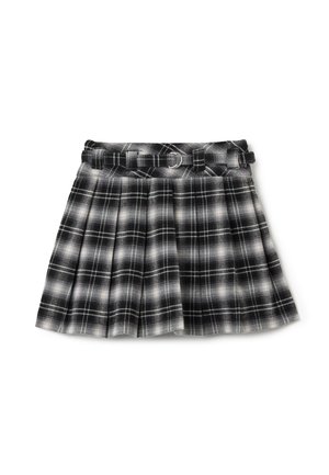 Jupe plissée à carreaux noir et blanc avec une ceinture en tissu, dotée d'une taille ajustée et d'un matériau texturé. Détail de boucle de ceinture circulaire inclus.