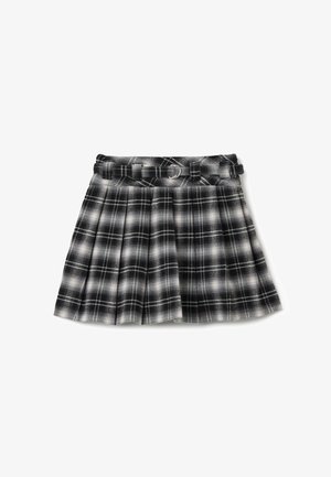 Schwarz-weißer Karorock mit Falten und einem Stoffgürtel, ausgestattet mit einer taillierten Passform und strukturiertem Material. Mit einem kreisförmigen Gürtelschlaufen-Detail.