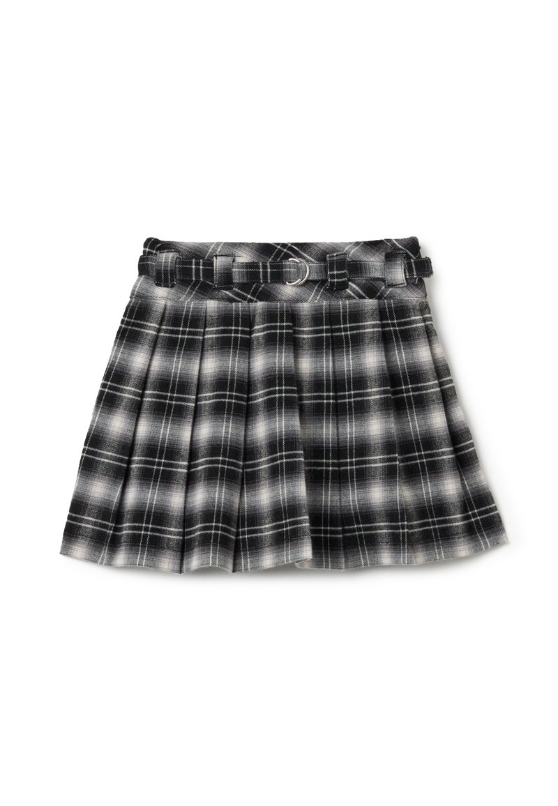 Gonna plissettata in plaid bianco e nero con una cintura in tessuto, caratterizzata da una vita aderente e materiale testurizzato. Dettaglio con asola circolare per la cintura incluso.